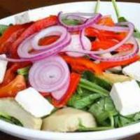 Spinach Salad · Fresh baby spinach layered with feta cheese, artichoke hearts, roasted red peppers, red onio...