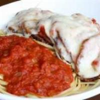 Eggplant Parmigiana · Breaded eggplant smothered with a special blend of cheeses and our marinara sauce. Served wi...