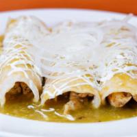 Enchilada Lunch · Gluten free. Verdes, rojas, mole poblano, or tomato sauce, two corn tortillas filled with yo...