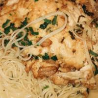 Chicken Francese · Dipped in egg with a wine lemon butter sauce. Served with choice of pasta.