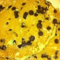 Choc Chip Pancakes · Pancakes, butter and syrup.