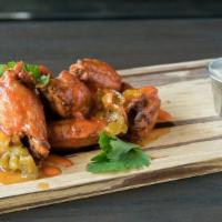 Wings · (8 pieces) Hot sauce, Celery Mostarda, Bleu Cheese