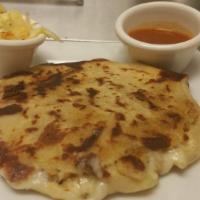 Pupusas · Cheese, pork, or pork and cheese, black beans with cheese coleslaw and tomato sauce.