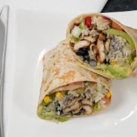 Burrito Wrap · Grilled chicken, white or cilantro rice, lettuce, corn salad, pico de gallo, sour cream, bla...