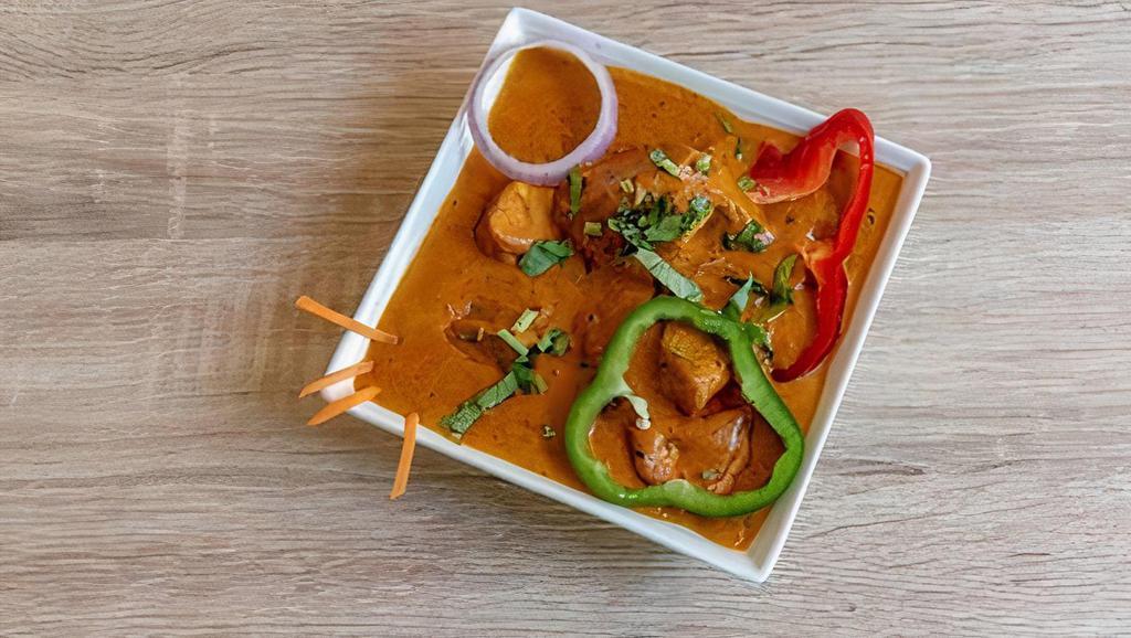 Chicken Tikka Masala · Gluten-free. Chicken breast cooked in tandoor and served in moderately spiced cream sauce.