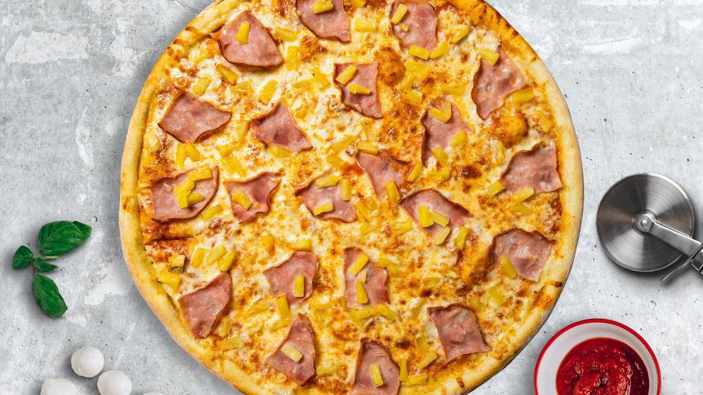 Aloha Sunrise Pizza · Pineapples, ham and mozzarella cheese baked on a hand-tossed dough.
