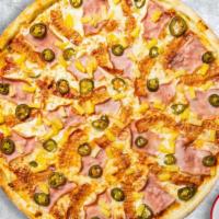 Spicy Hawaii Babe Pizza · Fresh pineapples, ham, mozzarella, and spicy jalapenos baked on a hand-tossed dough.