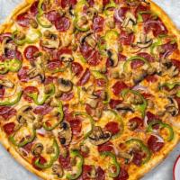 Sinful Supreme Pizza · Pepperoni, sausage, mozzarella, bell peppers, mushrooms, onions, and olives baked on a hand-...