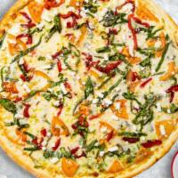 Meet The Mediterranean Pizza · Marinara sauce, mozzarella cheese, spinach, olive, tomato, and feta cheese baked on a hand-t...