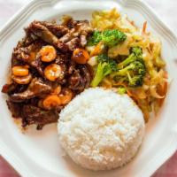 Beef & Shrimp Teriyaki · Served with mixed vegetables and steamed rice. Fried rice extra.