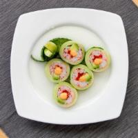 Low Carb Naruto Roll · Crab stick, flying fish roe and avocado rolled with thinly sliced cucumber.