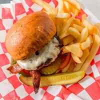 Bacon Cheese Burger · Charbroiled Burger (Fresh never Frozen) served with American cheese, Crispy Bacon, Lettuce a...
