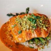 Skinny Salmon · pistachio crusted salmon, organic brown rice, asparagus, goji vinaigrette