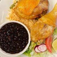 Pollo Frito · Fried chicken served with french fries, rice, beans and salad.