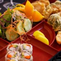 Sushi Tempura Combo · Sushi, California roll, and vegetable tempura.