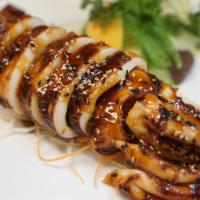 Grilled Squid · Grilled squid in garlic soy sauce.