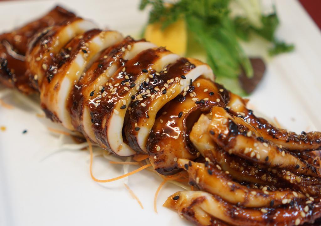 Grilled Squid · Grilled squid in garlic soy sauce.