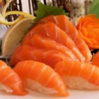 Salmon Mori · Salmon sushi, salmon sashimi and one Alaskan roll.