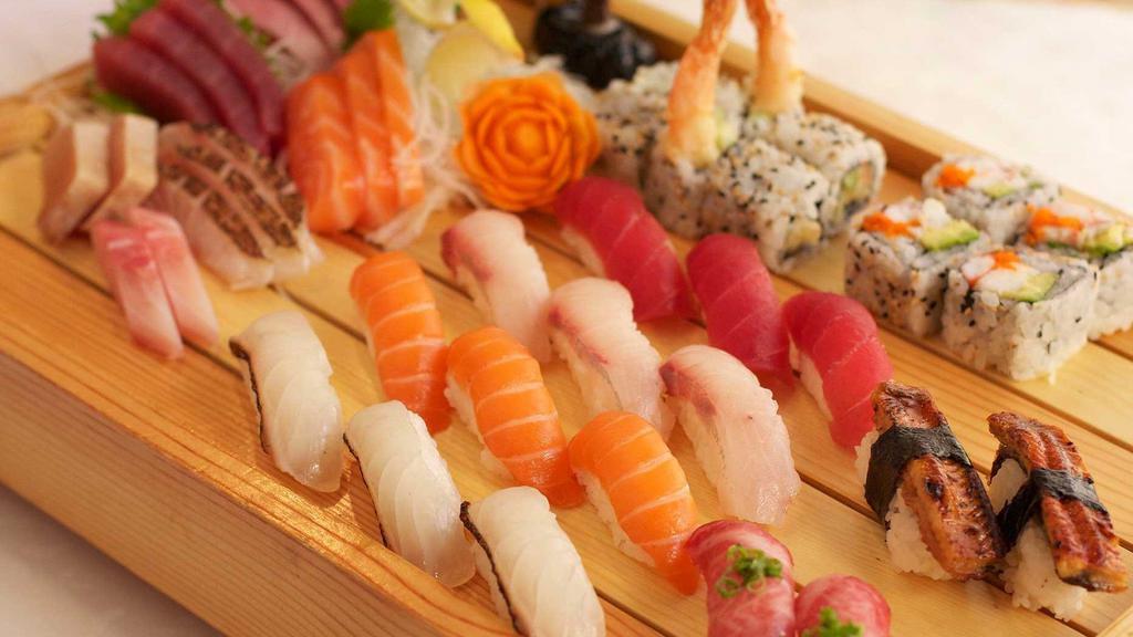 Matsu · Chef’s choice of sushi, sashimi with one shrimp tempura roll and one Dragon roll.