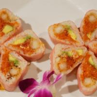 Valentine · Soy paper, shrimp tempura, spicy tuna, avocado, masago, crunch, kani topped with spicy mayo,...