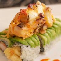 Washington · Shrimp tempura topped with avocado, octopus, and spicy cream sauce.