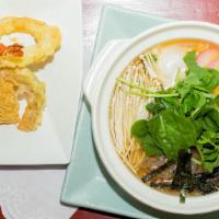 Nabeyaki Udon · Udon noodle soup with egg, fishcake, chicken, and tempura.