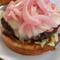 Kalbi Burger · Special patty, Pickle onion, Swiss cheese,bulgogi sauce