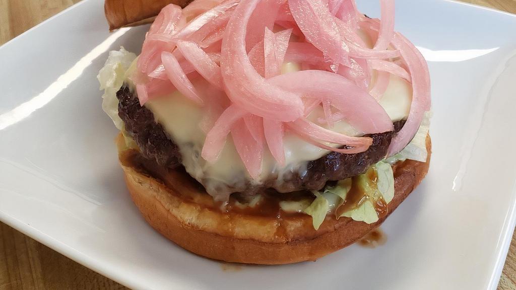 Kalbi Burger · Special patty, Pickle onion, Swiss cheese,bulgogi sauce