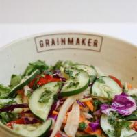 The Green Line · Grainmaker salad greens, rice noodles, red bell pepper, cucumbebrs, Thai peanut spice, cilan...