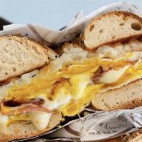 Southwest Bagel · Applewood smoked bacon, fried egg, peppers, onions, American cheese, and chipotle aioli on a...