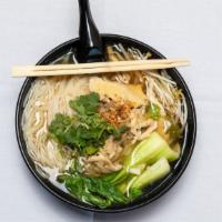 Chicken Noodle Soup · Gluten free. Favorite. Rice noodle served with white meat chicken, bean sprouts, fried garli...