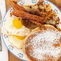 Grand Slam Pork  · 2 eggs, 2 pancakes, home fries or grits, pork bacon and pork sausage.