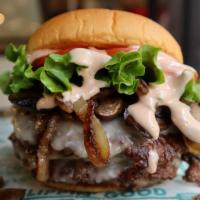 Fun Guy Burger - Double · Double Beef burger, Cheddar cheese, grilled mushrooms, fried onions, green leaf lettuce, tom...