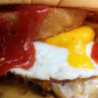 Yo!Lk Burger - Double · Double Beef burger, American cheese, fried egg, onion ring,  & chipotle ketchup