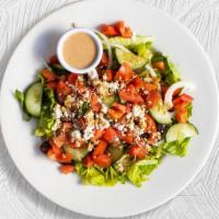 Big Fat Greek Salad · Fresh lettuce, feta cheese, cucumber, tomatoes, banana peppers, green peppers, Kalamata oliv...