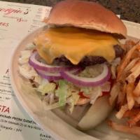 The Burger · 8oz house ground beef, brioche bun, lettuce, tomato, onion, pickle, American cheese