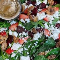 Spinach · Spinach, strawberry, beet, candied walnut, goat cheese and balsamic vinaigrette.