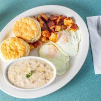 Annie'S Biscuits And Gravy · 2 eggs, and 2 buttermilk biscuits, served with sausage gravy, and Annie's h.f.