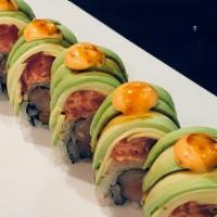 Bruce Lee Roll · Salmon and yellowtail topped with spicy tuna, avocado, spicy mayo and eel sauce.