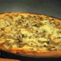 Steak Bomb Pizza (Large) · Chopped Steak, mushrooms, onions, green peppers, with our homemade roasted tomato sauce base