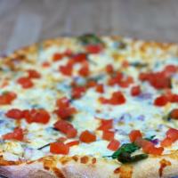 Greek Pizza (Large 16'') · Garlic butter sauce, baby spinach, tomatoes, onions, & mozz & feta.