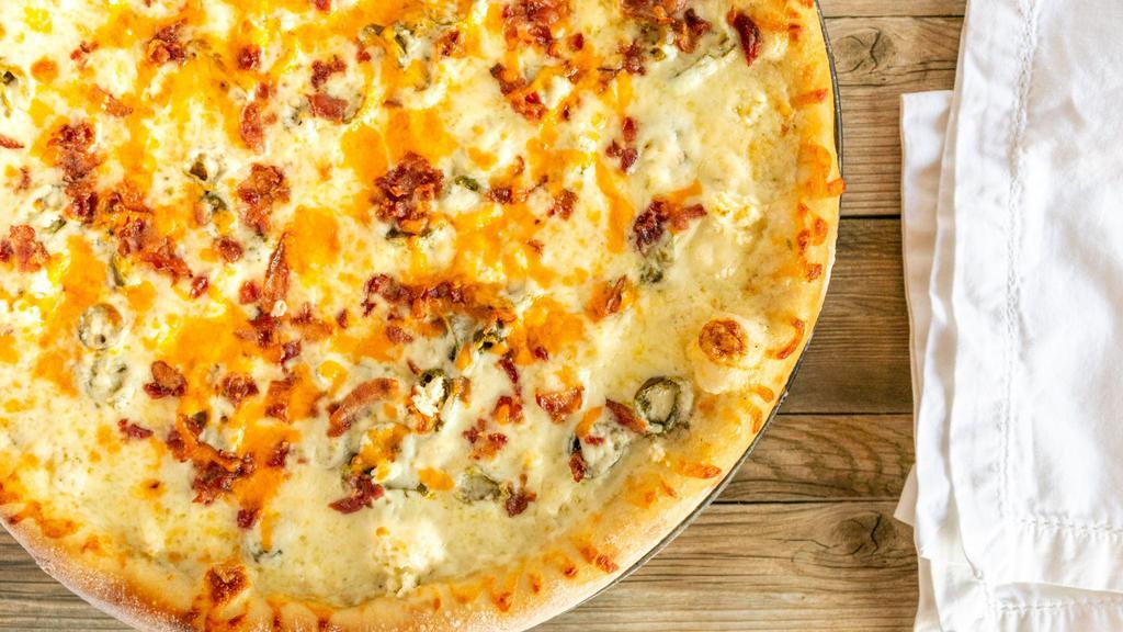 Jalapeño Popper Pizza (Large 16'') · Light ranch sauce, bacon bits, cream cheese, jalapeño, mozz & cheddar.