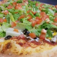 Taco Pizza (Large 16'') · Hamburger, cheddar, lettuce, tomatoes, black olive & onion.