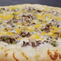Philly Pizza (Large 16'') · Light ranch base, Philly steak, green pepper, onion, mushroom & Swiss.