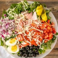 Chef Salad · Large full Size Salad with romaine, Canadian bacon, pepperoni, egg, tomato, black olive, oni...
