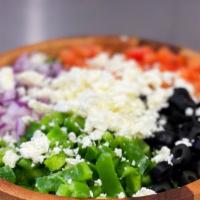 Greek Salad · Large Full Size Salad enough to share for two with Romaine, tomato, onion, black olive, gree...