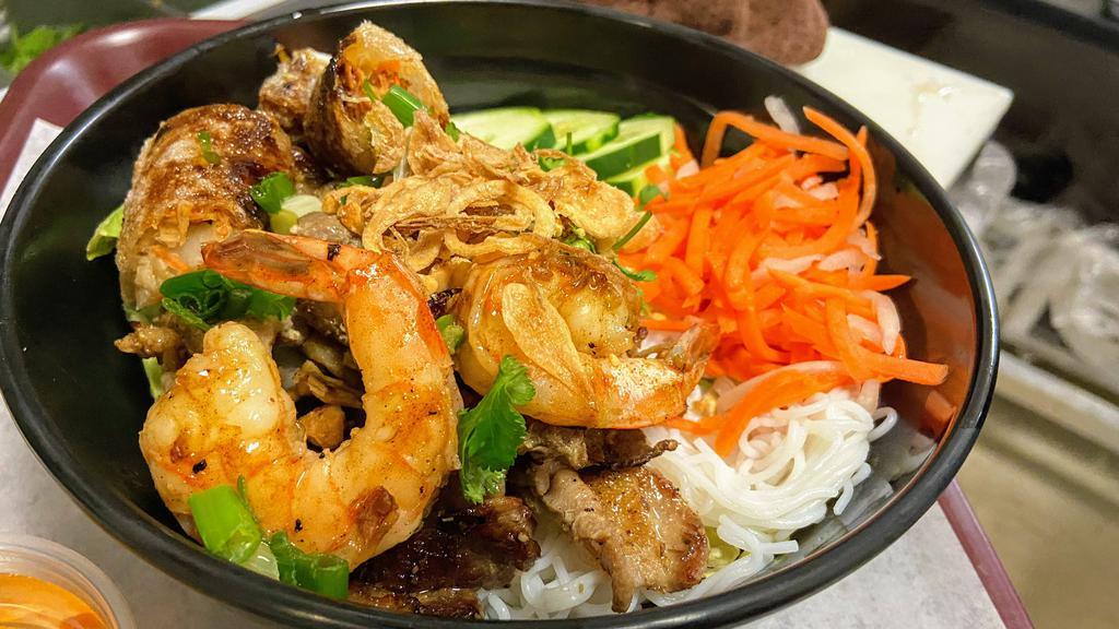Noodle Salad Chicken · chilled rice vermicelli, lettuce, cucumber, cilantro, pickle carrot and daikon, scallion oil, fried shallots and crushed peanut, serve with house sauce or ponzu