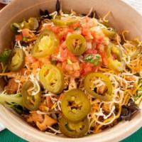 Chicken Bowls · Lettuce, pico, shredded cheese, jalapenos, cilantro rice, cumin black beans, sour cream.