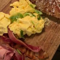 Brioche French Toast  · 2 eggs, ham, bacon, roasted potatoes