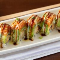 Hawaii Maki · Shrimp tempura roll topped with thin slices of avocado spicy crunchy tuna and wasabi mayo. C...